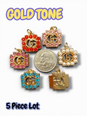 Lot Of 5 GG Rectangle Gold Tone Zipper Pull Button Charm Pendants 20mm